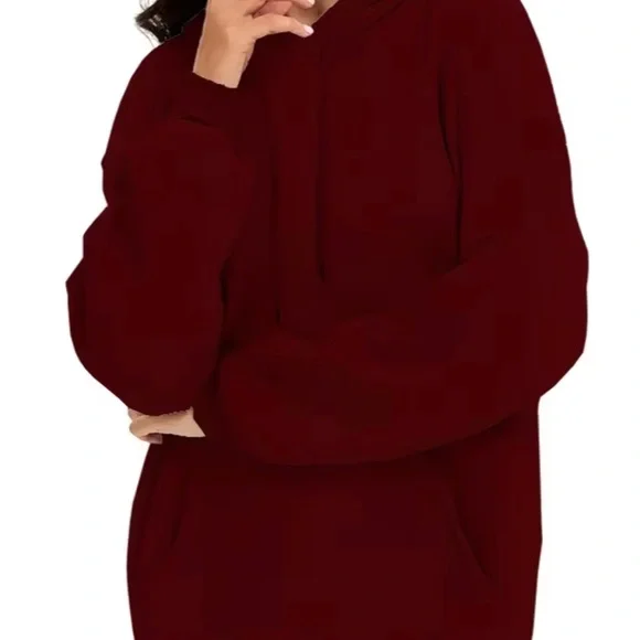 Oversized Burgundy Hoodie Dark Red Sweatshirt Dress - Picture 3 of 4